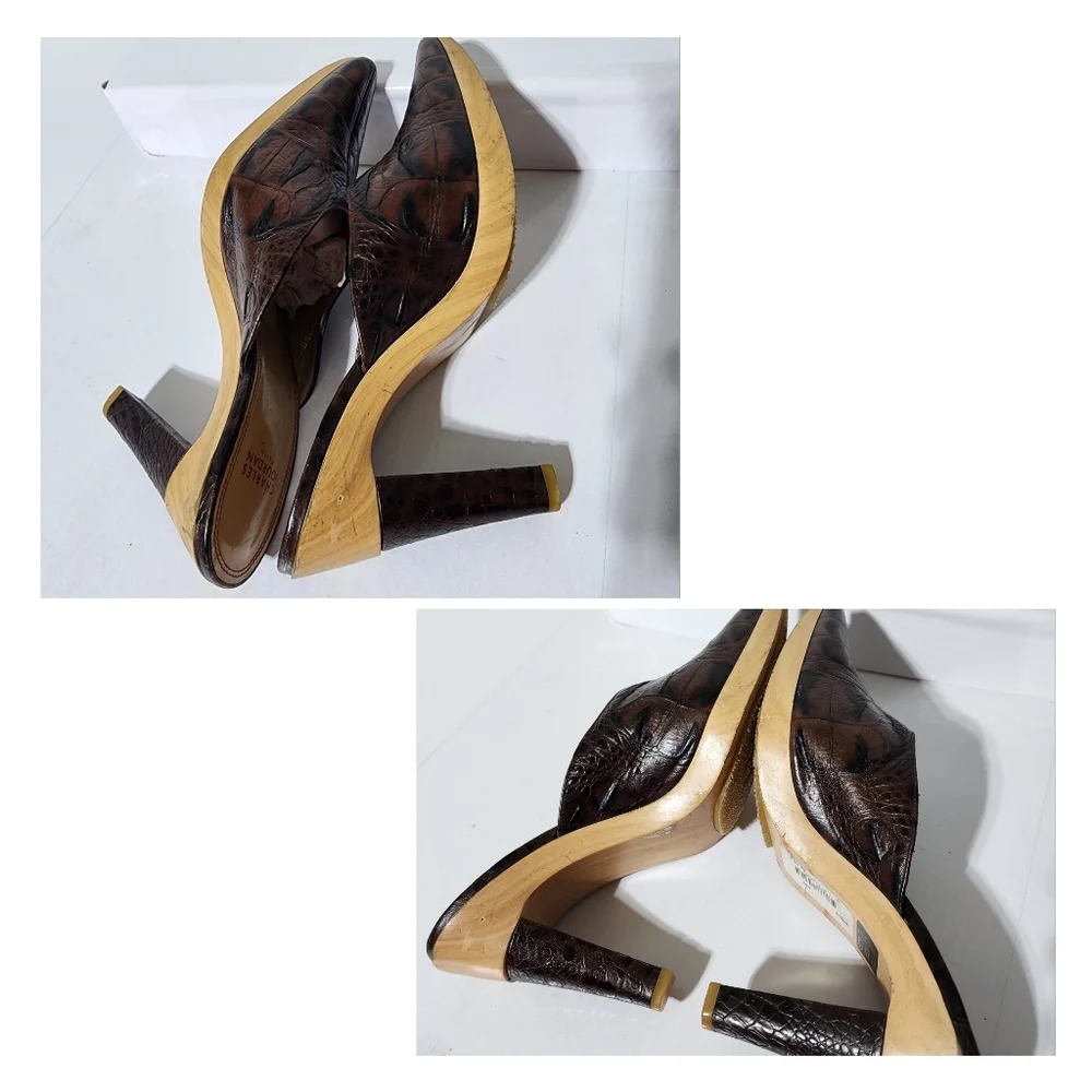 Charles Jourdan Snake Skin Leather on Wooden Platform Heels Brown Size 9